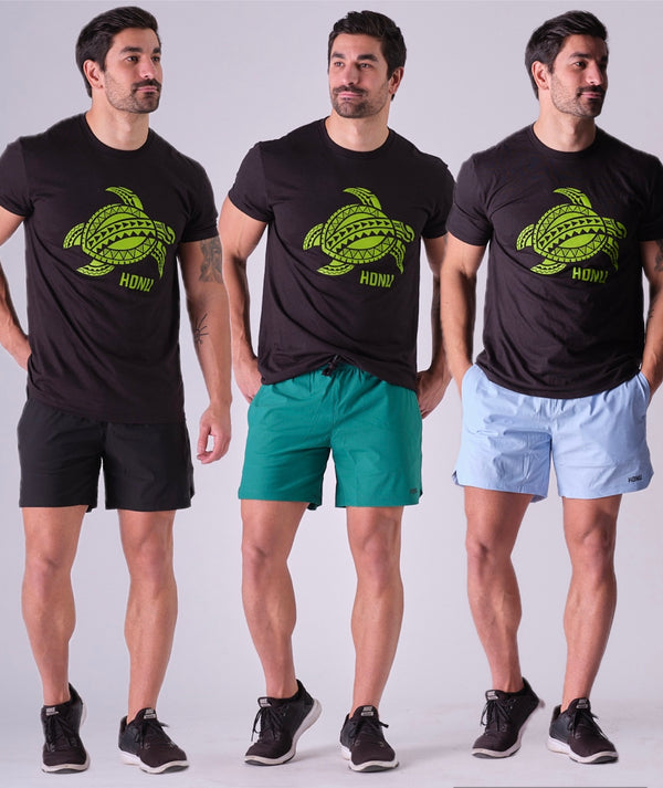 Redesigned All Around Shorts 3 Pack Bundle Black, Green, and light blue
